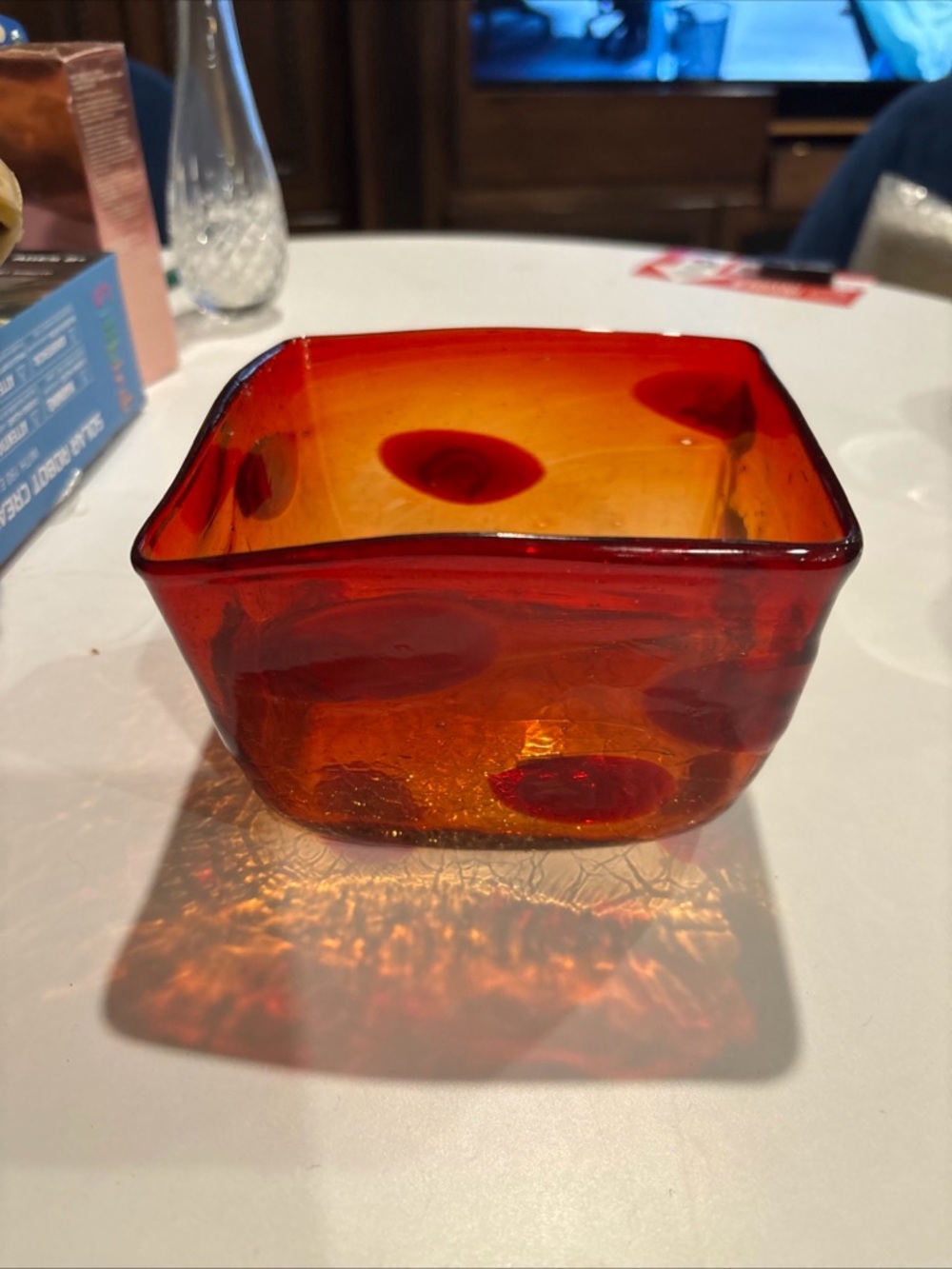 Vintage MCM Crackle Amber Red Dot Glass Decorative Candy Bowl Table Art Accent